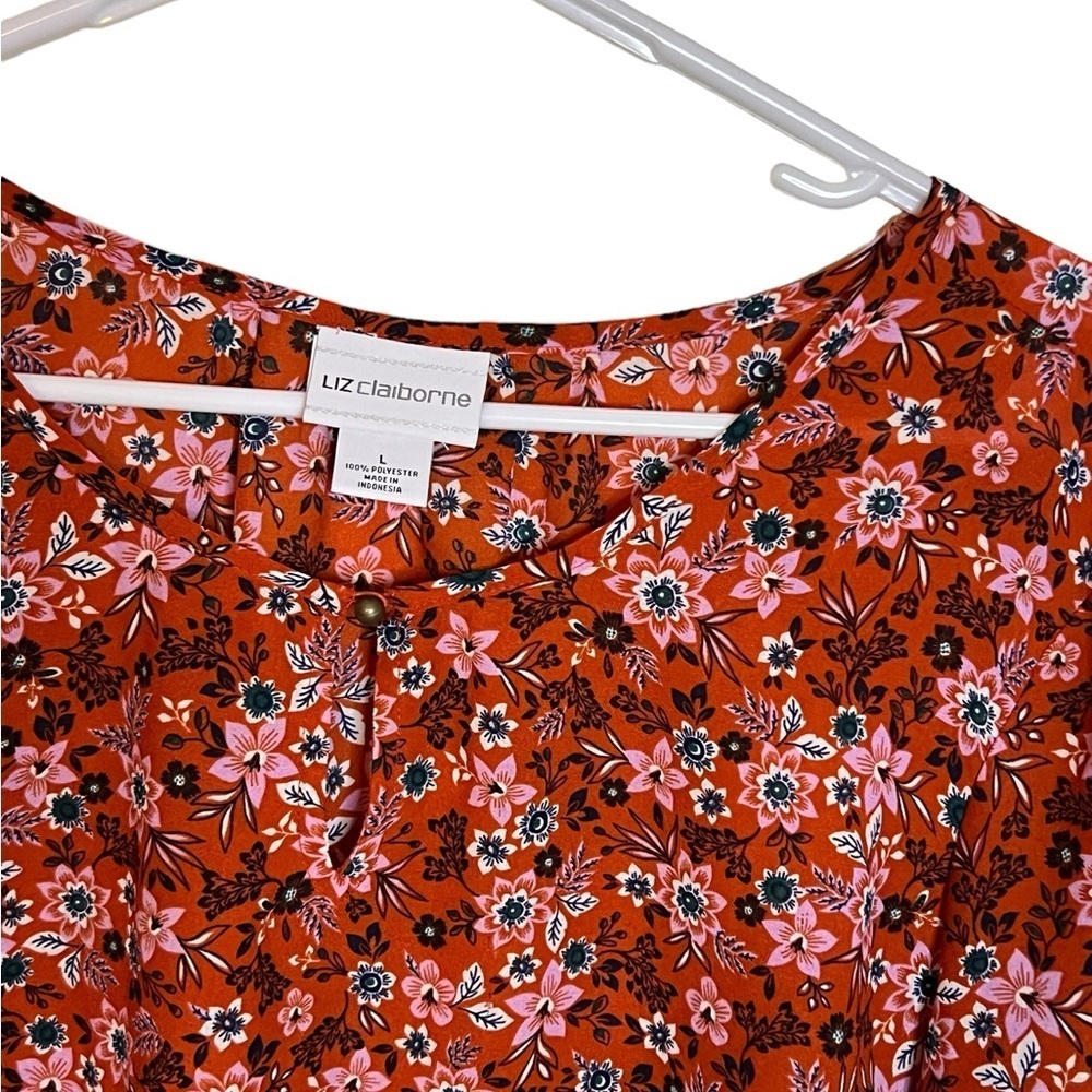 Liz Claiborne Women’s Large Red Floral Polyester Long Sleeve Blouse - Picture 2 of 4